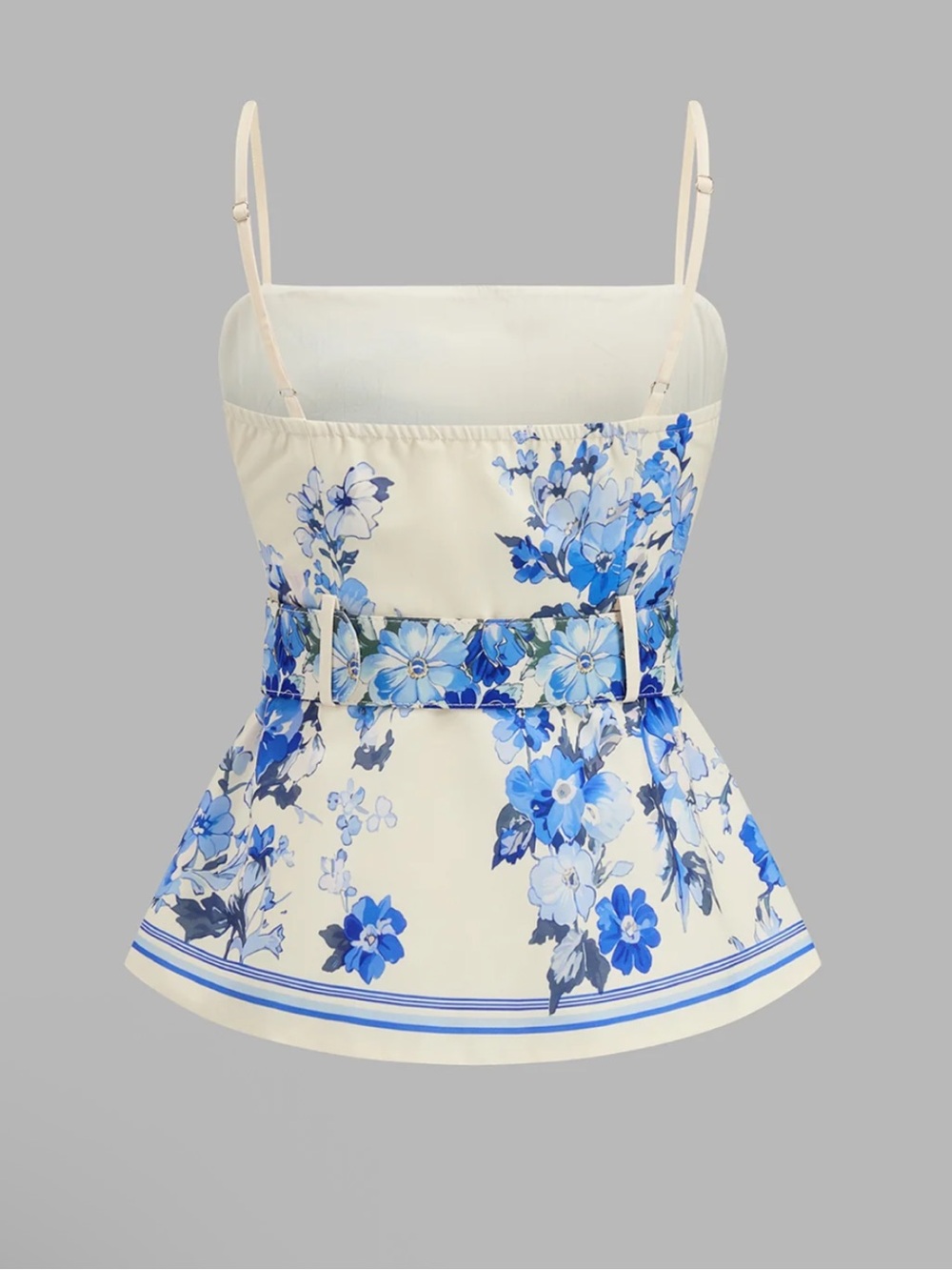 Commense Floral Belted Camisole & Wide-Leg Pants Set - Cream with Blue Floral M - Picture 4 of 8
